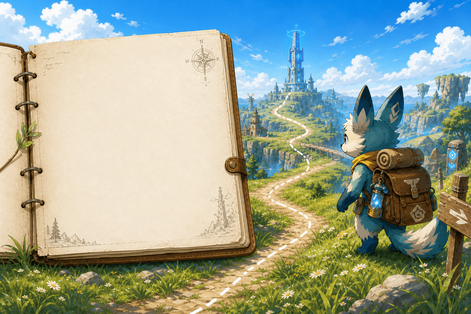 A blank adventure journal beside a winding route through floating islands